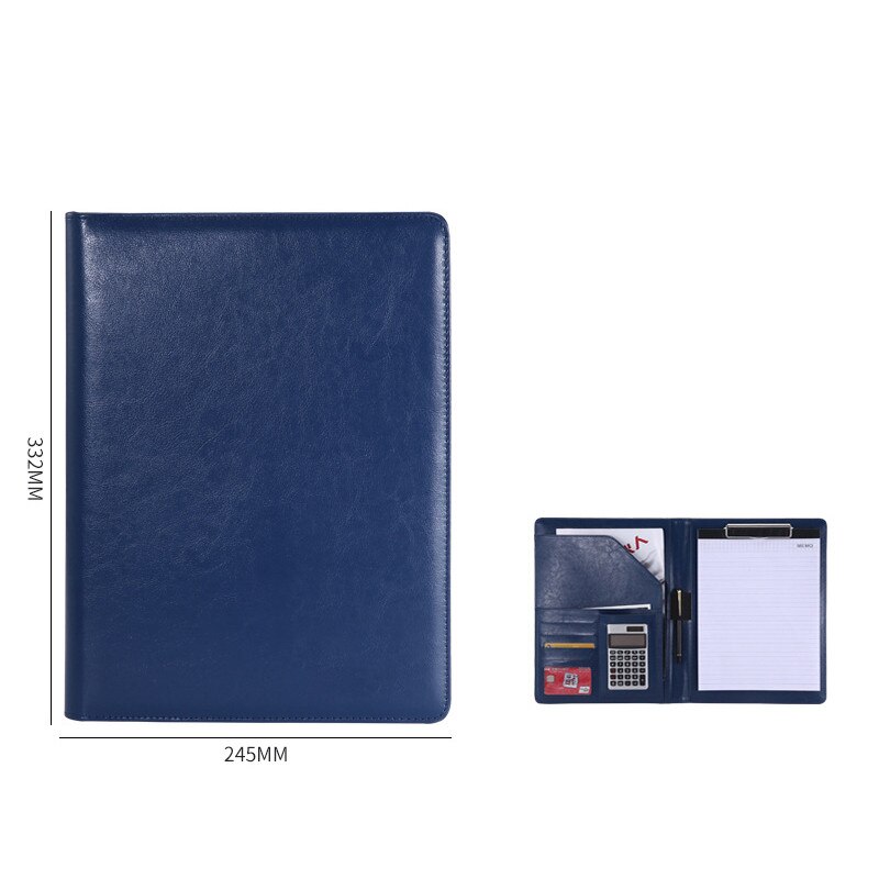 Multifunctionele Padfolio A4 Pu Leather Portfolio Bindmiddel Visitekaartje Document Organisator Conferentie Notepad Map Caculator: Blauw