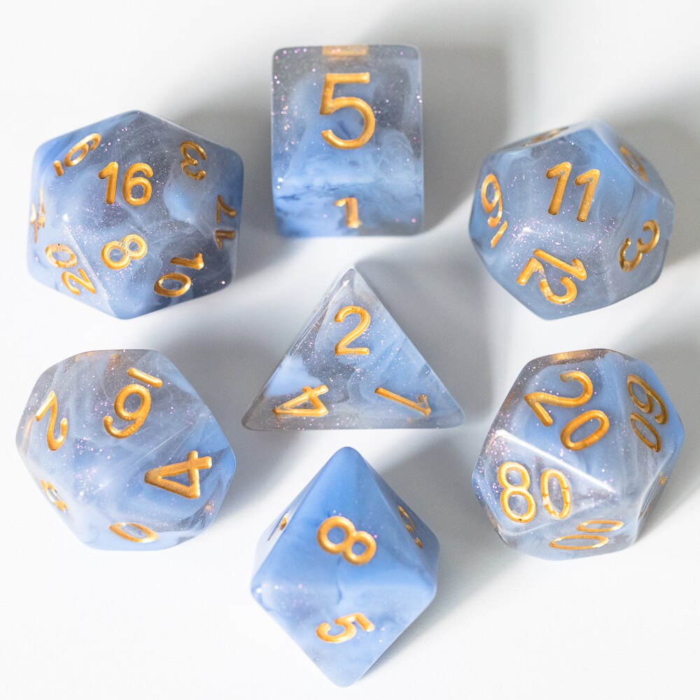 7 stk/sæt sparkle galaxy dnd terninger d&d terninger  d4 d6 d8 d10 d% d12 d20 polyedriske spil terninger sæt til bordspil mtg rpg: Bl02 blågrå