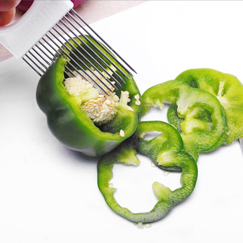 Stainless steel onion slicer kitchen tool onion fork meat pine needles fruit vegetable slice fixing tool with protective cover