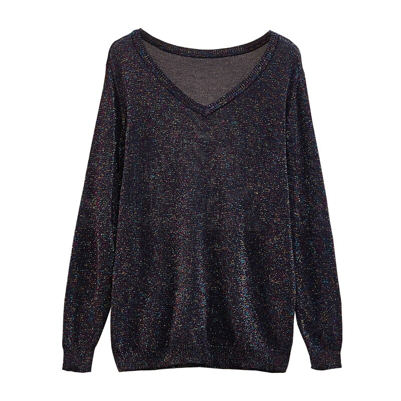 Skinnende lurex efterår vinter oversize sweater kvinder langærmet pullover v-hals basic sweater løs glitter strik dame
