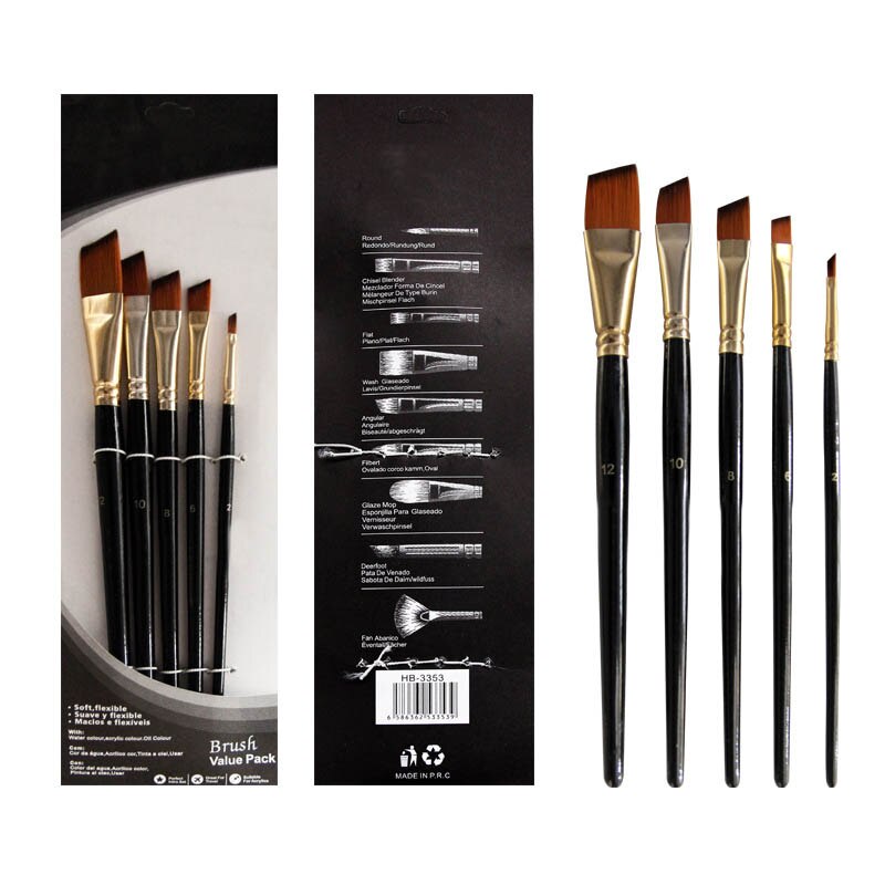Artist Paint Brush Set 5Pcs Nylon Hair Wood Black Handle Watercolor Acrylic Oil Brush Painting Art Supplies