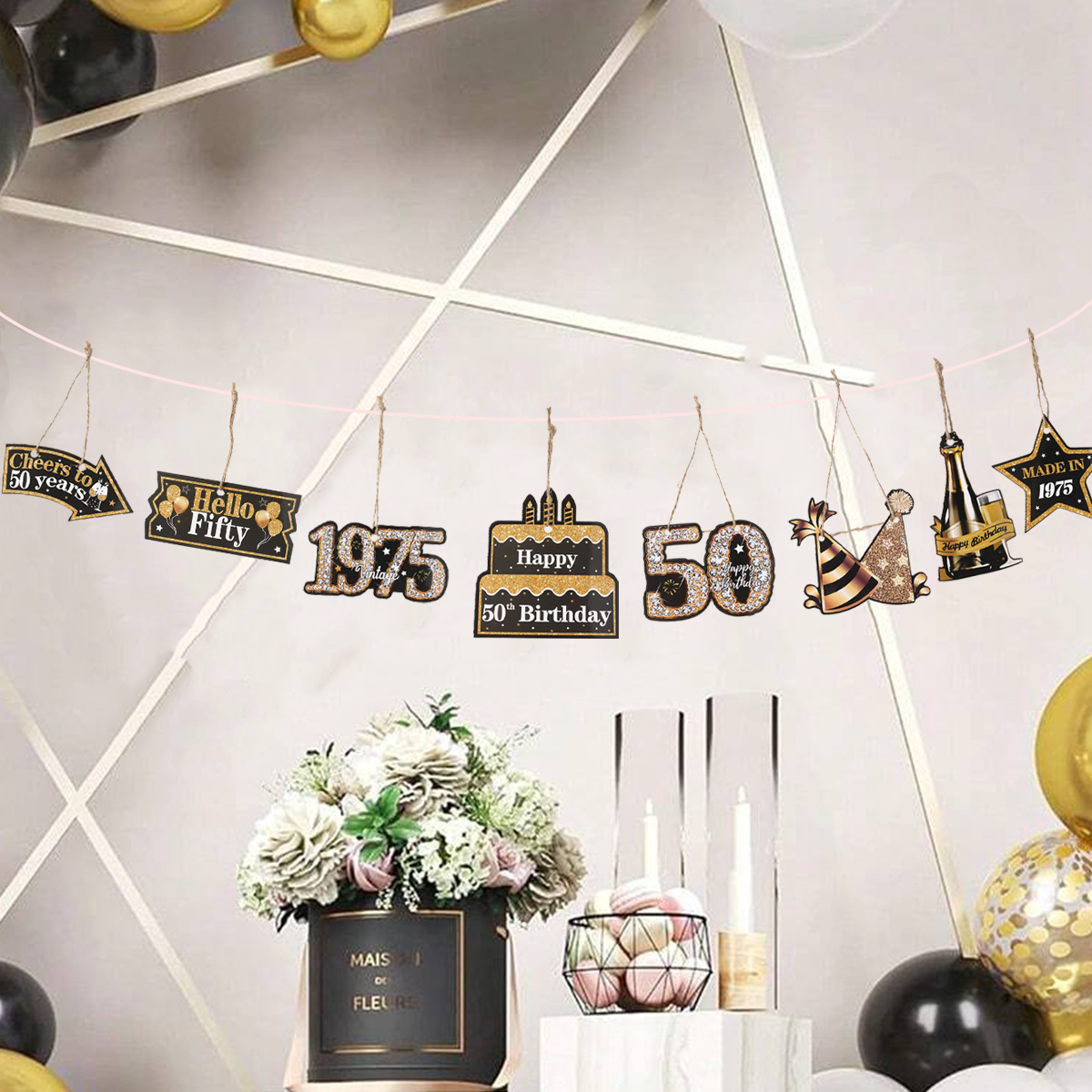 Bandeira de papel para aniversário de 50 anos, decoração de festa de feliz aniversário para adultos, suprimentos para festa de aniversário, lembranças