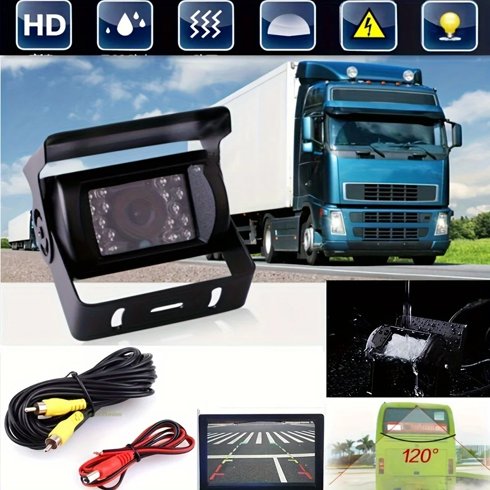 Cámara de respaldo para camión, videocámara de respaldo de alta resistencia, 18 LED IR, vista trasera de coche, autobús, camión, remolque, Pickup12V, 24V + Cable RCA de 393,7 pulgadas