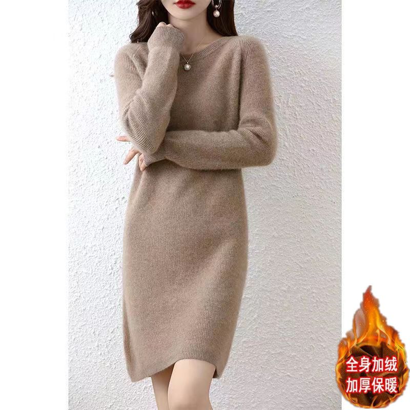 Herfst Winter Dames O-Hals Effen Kleur Breien Jurk Dames Losse Casual Toevoegen Fluwelen Bodemgewaad Femme Vestidos De Fiesta: S / Goud