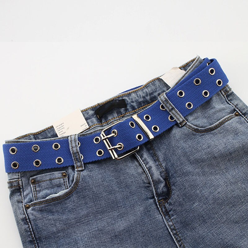 Unisex lærredsbælte til kvinder harajuku dobbelt række hul pin spænde gennemføring jeans mænd bælter kvindelig mandlig talje 427: Blå