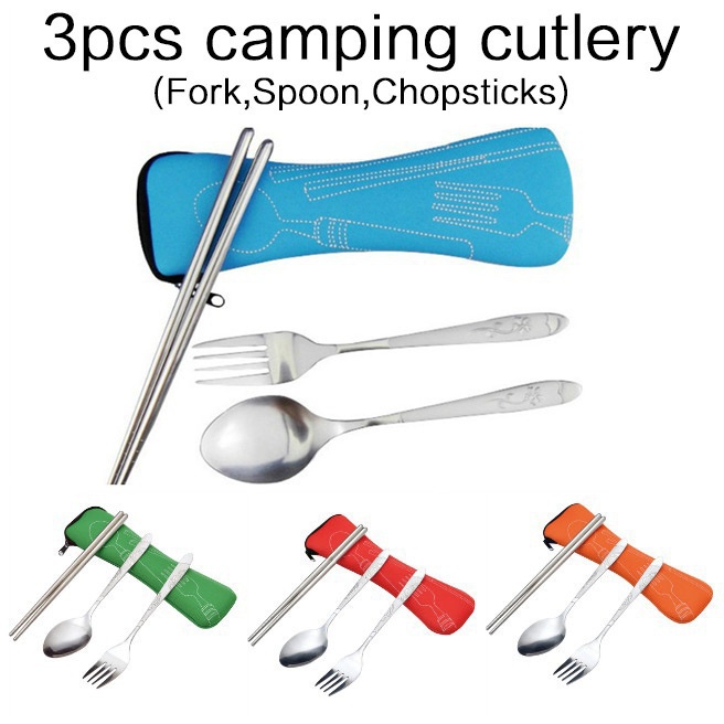 JJYY-Juego de vajilla portátil, cuchillos impresos, tenedor, cuchara, acero inoxidable, familia, Camping, carne, cubiertos, vajilla con bolsa, 4 Uds./3 uds.