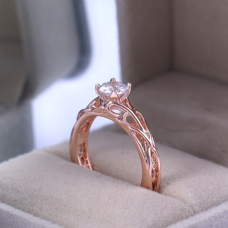 Huitan Cute Rose Gold Color Engagement Rings For Women With Heart Pattern Twig Sides Classic Solitaire Wedding Rings