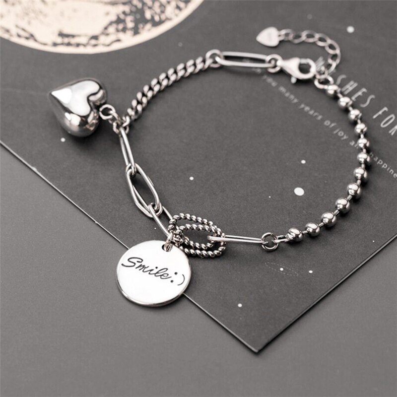 Sole Memory Round Tag Smooth Shiny Heart Pendant 925 Sterling Silver Female Resizable Bracelets SBR268