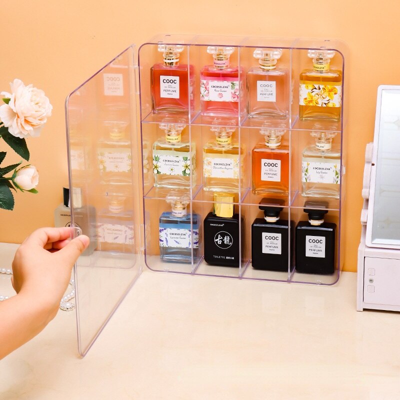 Split Grid Perfume Storage Box Display Cabinet Desktop Dustproof Box with Door Transparent Enlarged Nail Polish Storage Box