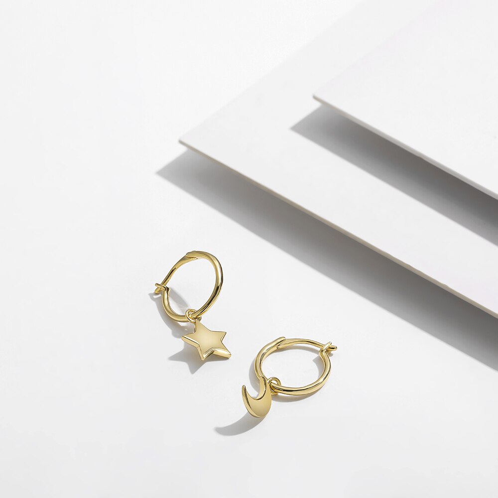 925 Sterling Silver Moon Star Hoop Earrings for Women Gold Color Small Ear Buckle Piercing Huggie Fine Silver Jewelry