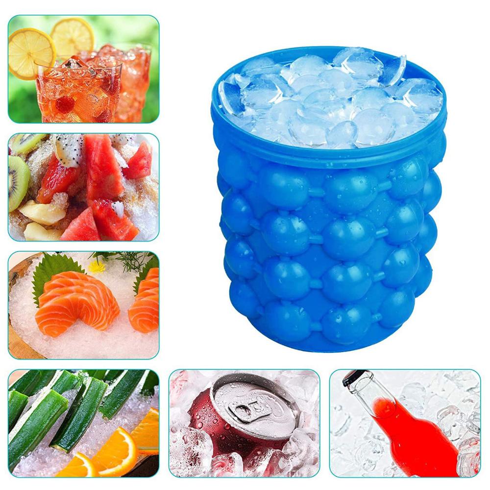 Silicone Ice Bucket For Freezer Cube Maker,Large Ice Cube Mold Ice Trays (2 in 1) Ice Cube Maker, Round Portable Kitchen Barware