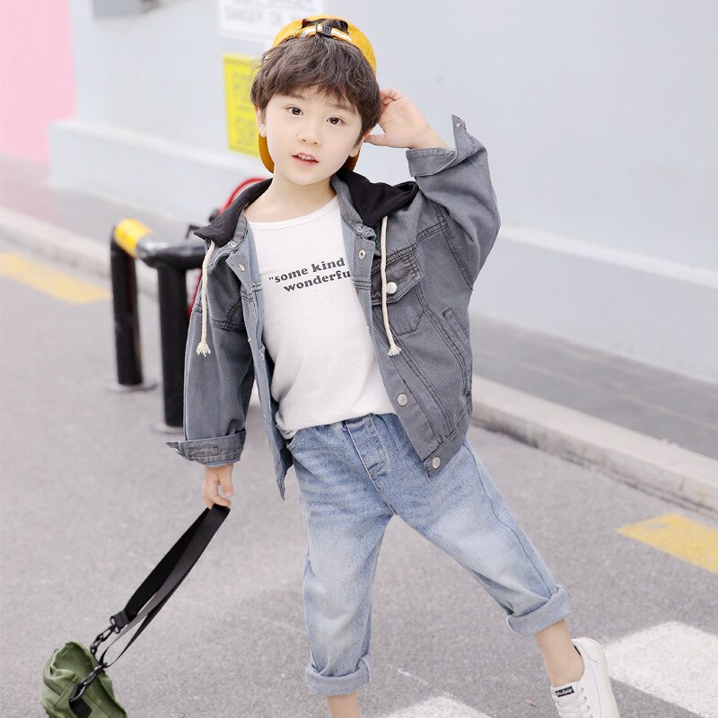 Hooded Jean Spring Autumn Coat Outerwear Top Children Clothes Kids Costume Teenage School Boy Clothing: Grey / 2T