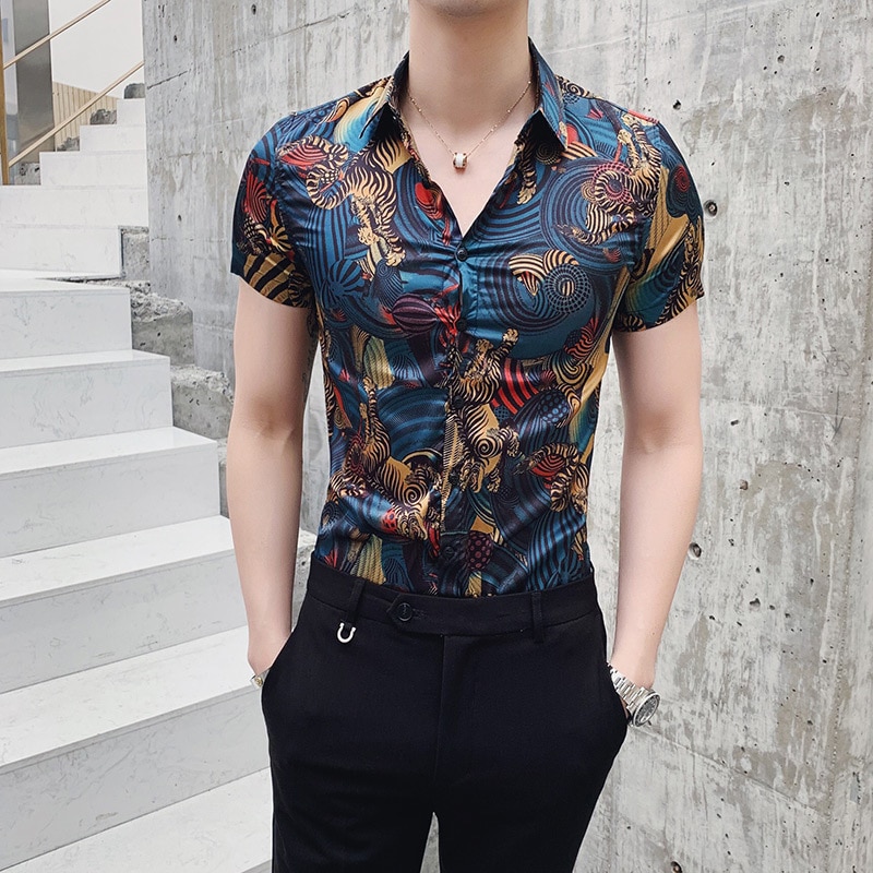 Forretningsarbeidsskjorter kjole herreklær koreansk smokingskjorte sommer kortermet slank passe skrive ut menn skjorte uformelt camisa masculina