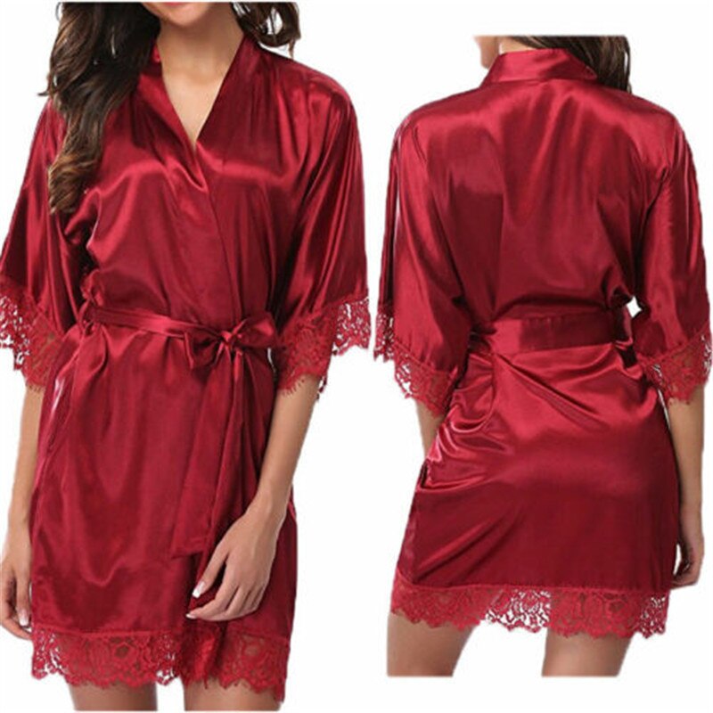 Mesh Spandex Bruiloft Bruid Bruidsmeisje Gewaad Effen Badjas Korte Kimono Robe Night Robe Badjas Mode Peignoir Voor Vrouwen: Wine red