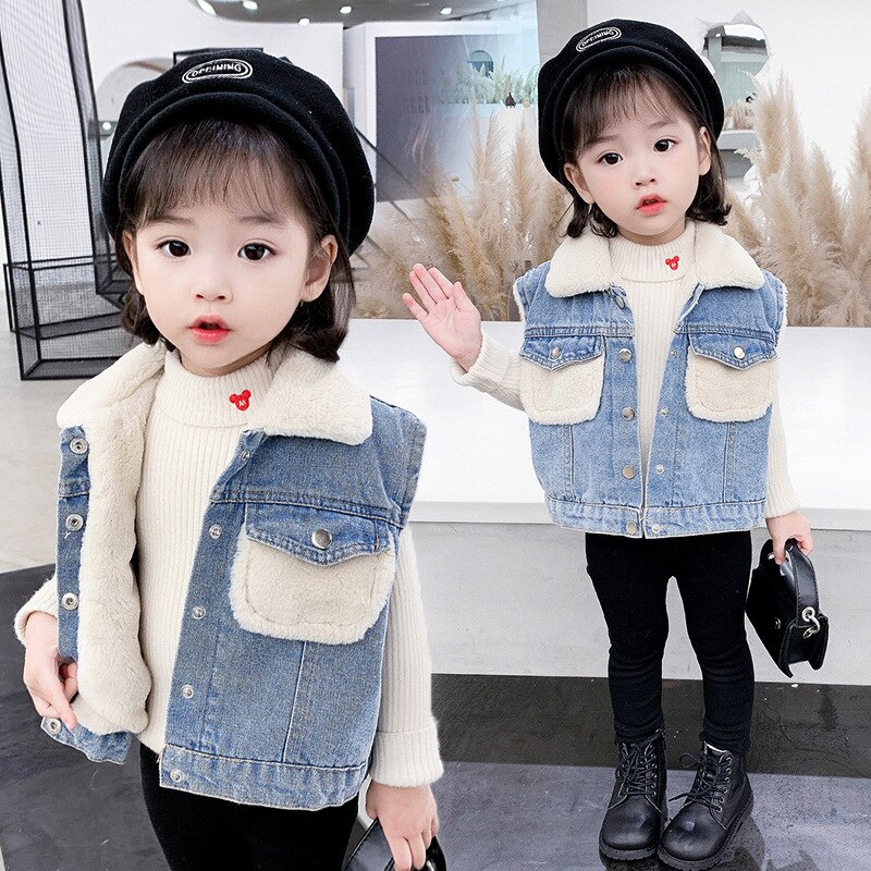 freundlicher Denim weste jungen und mädchen Winter Plus samt dicke warme jacke Denim pferd warme weste freundlicher Denim jacke