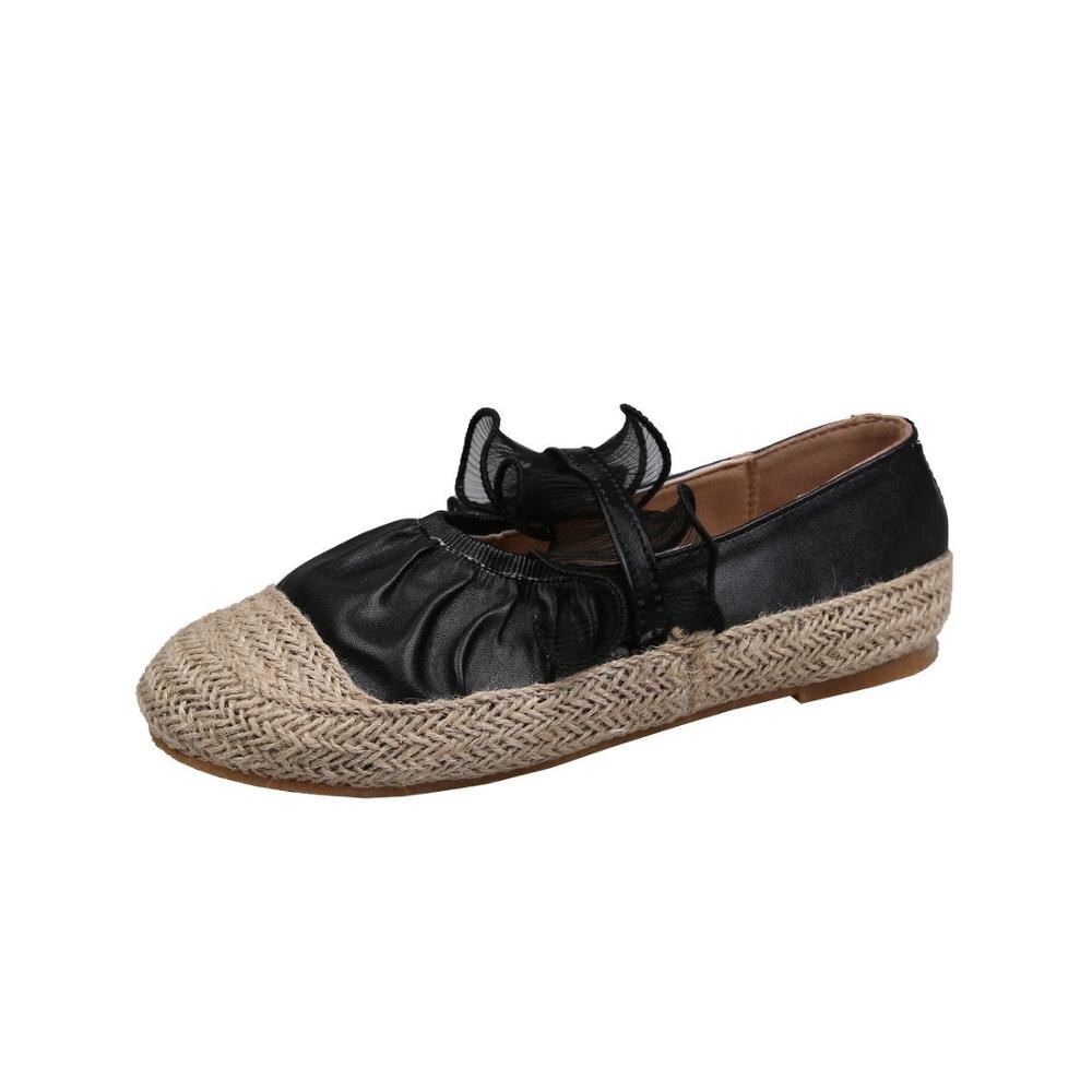 Hemp knitted cover toe flats pleated ballet shoes women preppy patchwork loafers lacework elastic band ballerina espadrilles 42