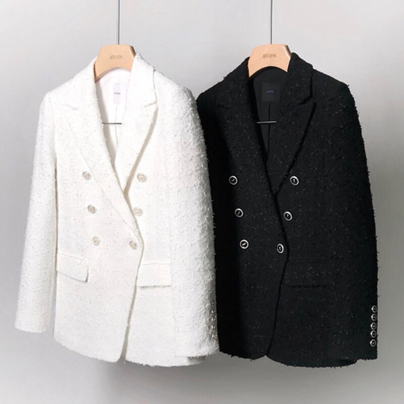 Tweed veste longues manches femme, Blazer de bureau femme Double boutonnage blanc noir veste femme veste printemps automne