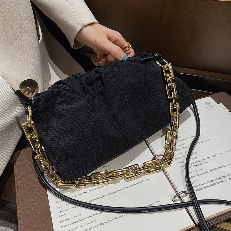 Moda sztruks gruby łańcuch kobiet torebki projektant luksusowe torby na ramię Crossbody torebki Ruched Hobos bagietki torba pani Tote: czarny