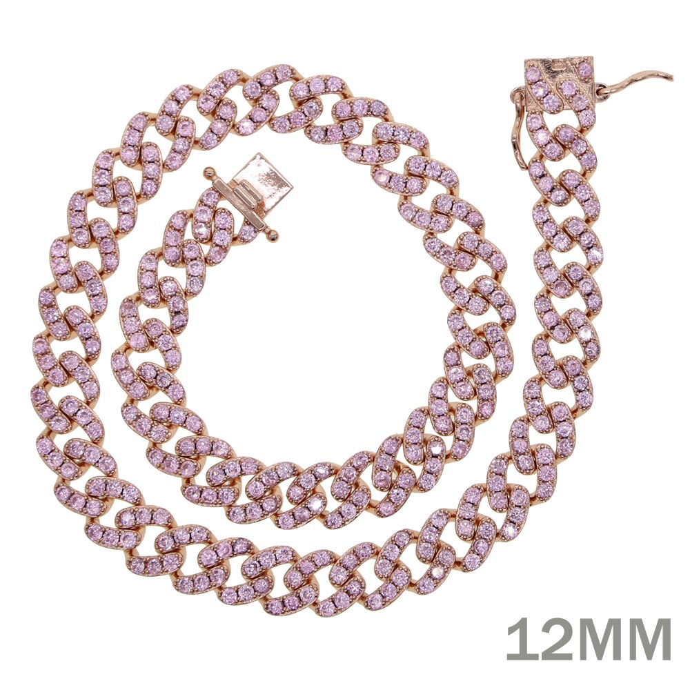 12mm Micro Pave CZ Cuban Link Necklaces pink Luxury Bling Bling choker Jewelry iced out bling zircon rock punk women men jewelry: Rose Gold 12mm / 38cm