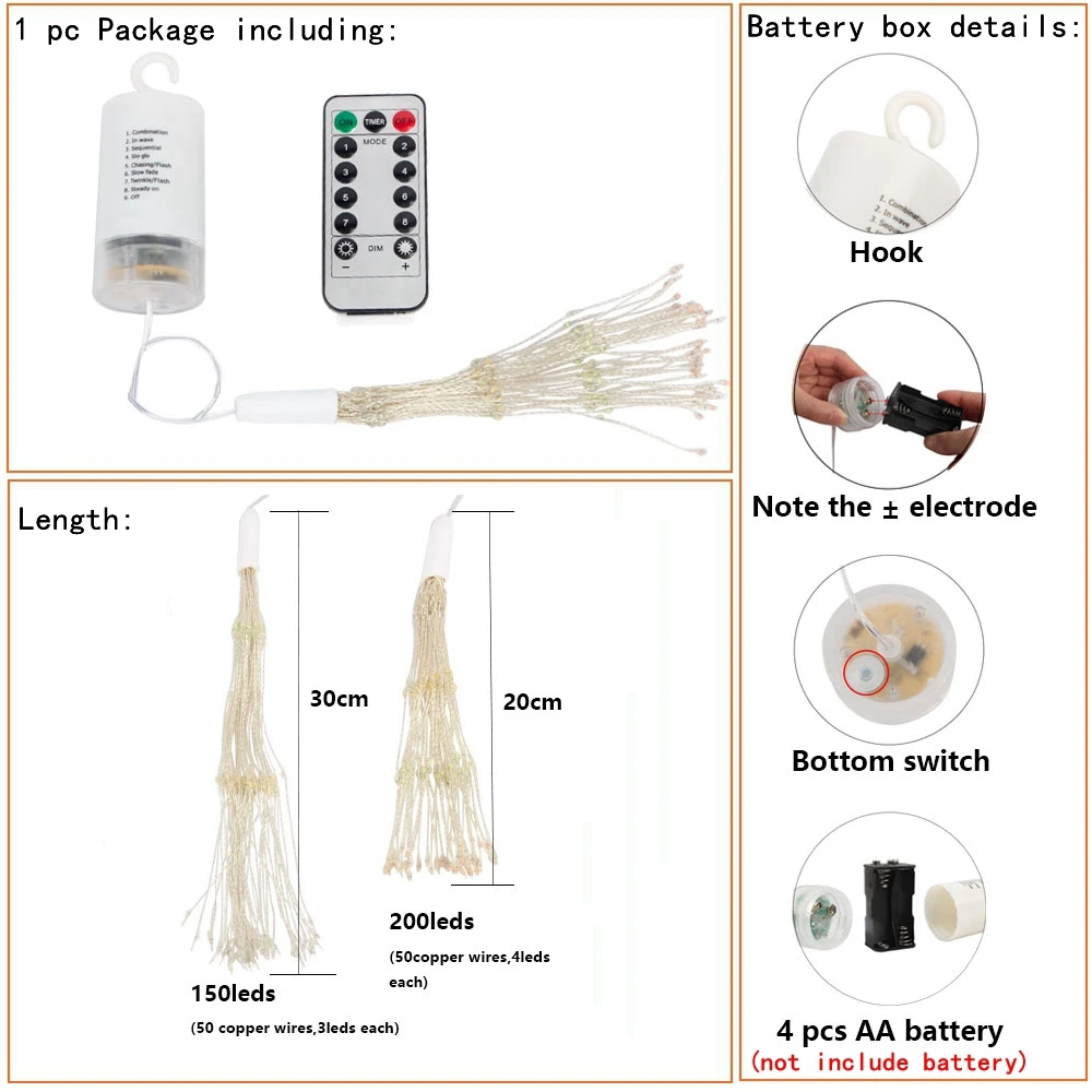 150/200 LED String Fairy Lichter Hängen Starburst Lampe DIY Feuerwerk Weihnachten Girlande Festival Dekoration Fernbedienung Funkeln Lichter