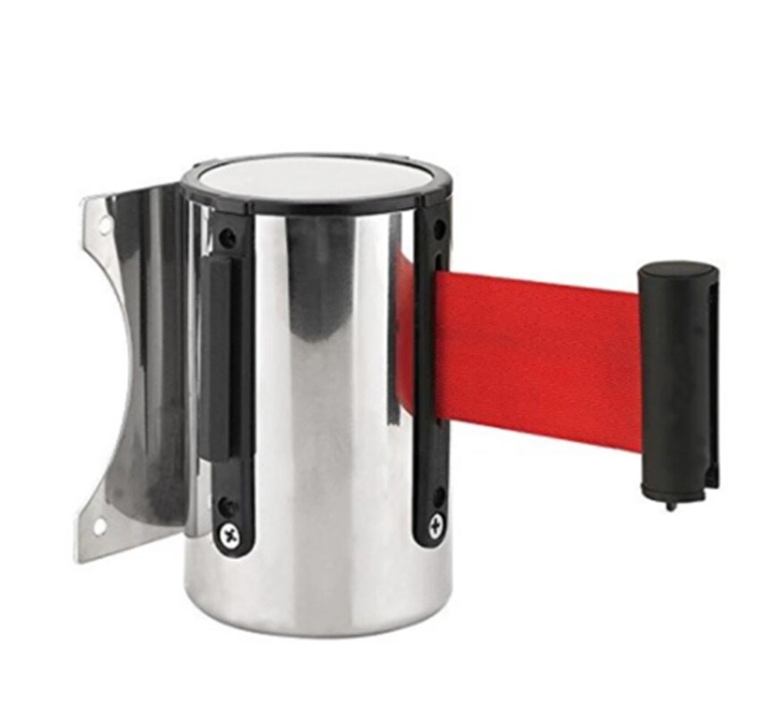 Red Retractable Ribbon Barrier Crowd Control Outdoor Stainless Steel Wall Mount Red Belt Sport Stanchion Queue