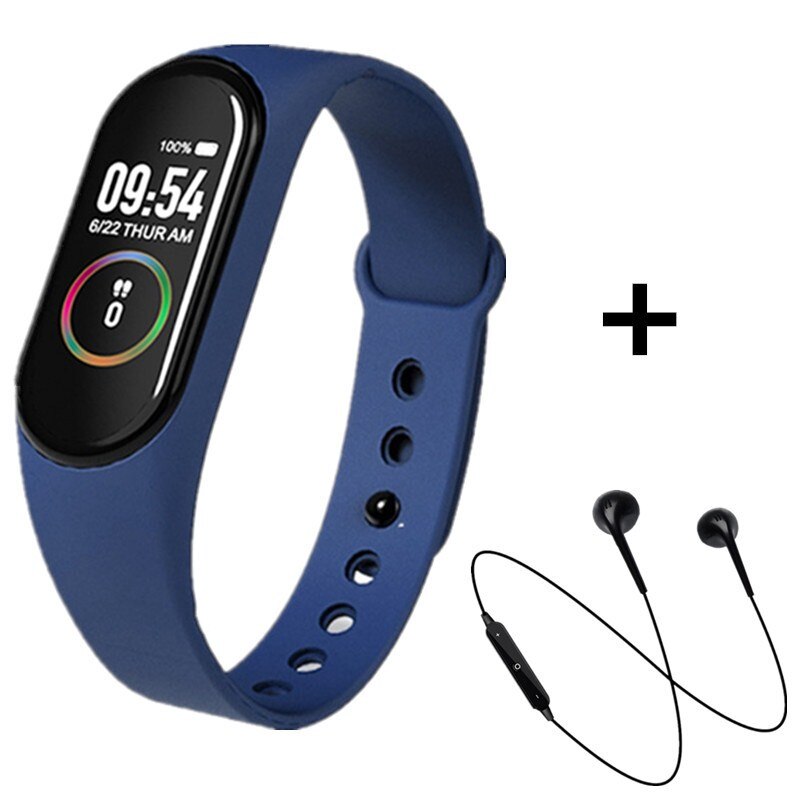 M4 smart band hjertefrekvens blodtryksmåler smart armbånd fintness aktivitet trackeer smart armbåndsur med øretelefon: Blå sort