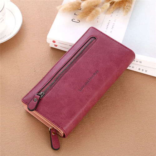 Women Wallet Love and freedom letters printing Lady Clutch Leather purse Long Card Holder Phone Bag Case Purse Handbag cartera: Wine Red