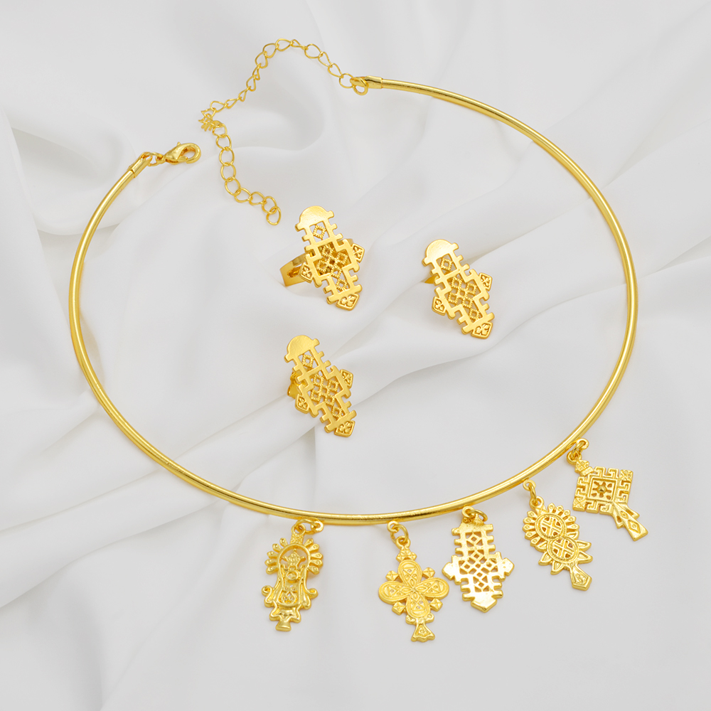 Ethiopian Eritrea Etnische Sieraden Sets Met Cross Chokers Oorbellen Ringen Voor Vrouwen Meisjes Afrika Huwelijksfeest #340006