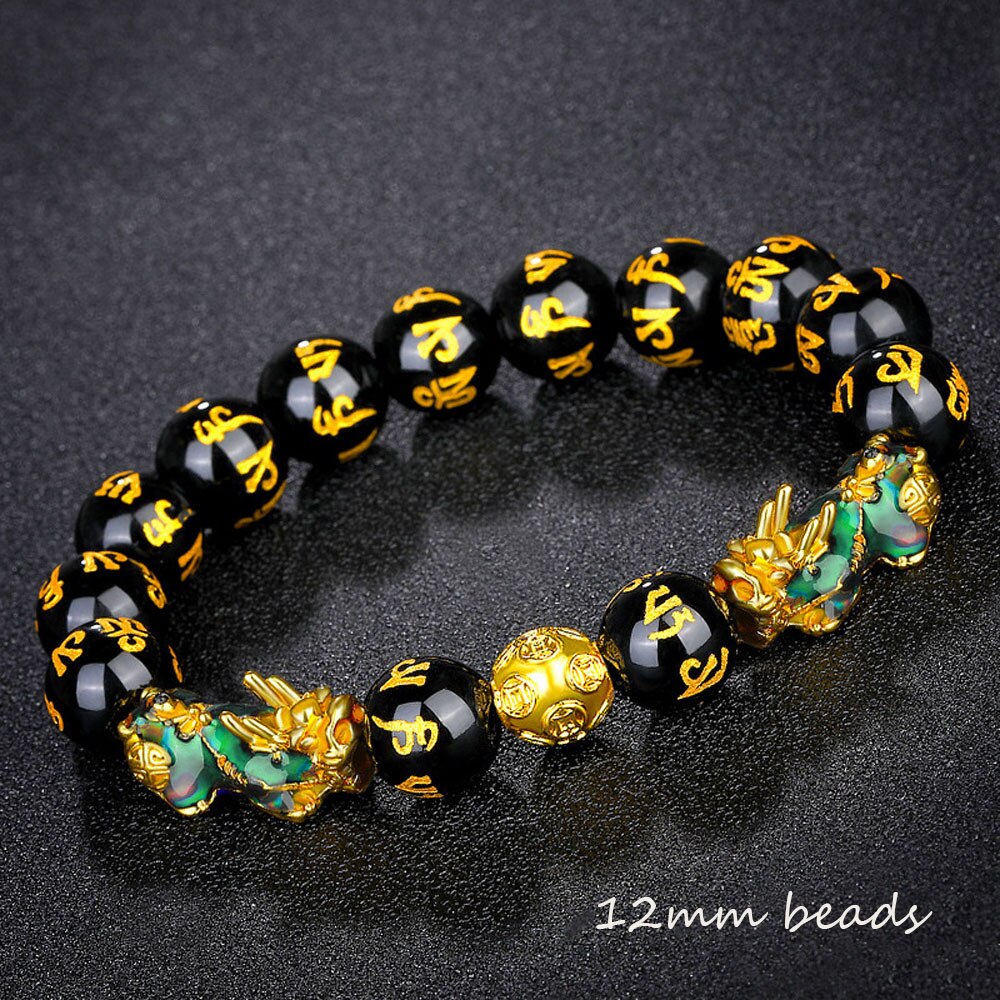 Piedra pulsera con cuentas hombres mujeres Unisex Feng Shui chino Pi Xiu obsidiana pulsera oro riqueza y buena suerte mujeres pulseras: 15