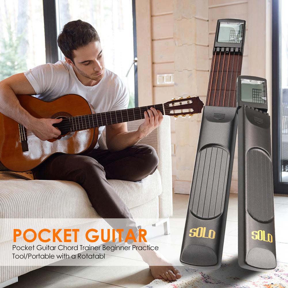 Entrenador de guitarra de 6 cuerdas, bolsillo portátil con pantalla de tabla de acordes, ejercitador de dedos giratorio para principiantes, herramienta de práctica de guitarra