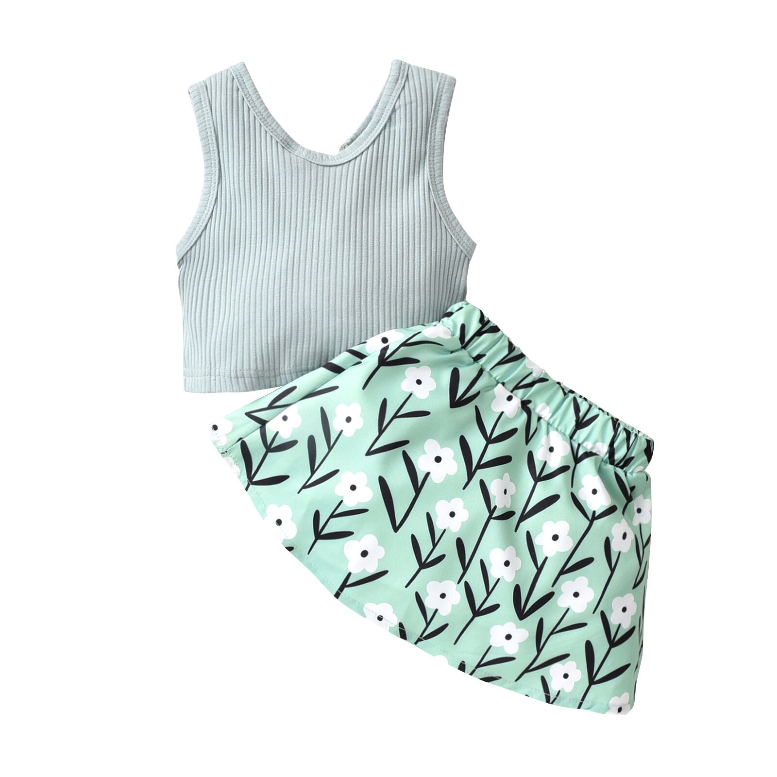 2 Pcs Infant Summer Outfits, Baby Girl Sleeveless Ribbed V-Neck Button Tank Top + Flower Print Skirt (Green)