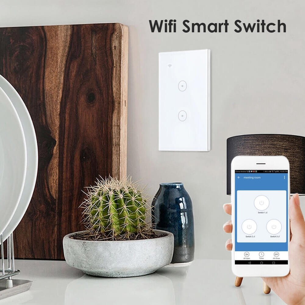 Timer WiFi Smart Light Switch Voice Control 2 Gang Wireless Wall Remote Touch Panel Work with Alexa Google Home US Plug