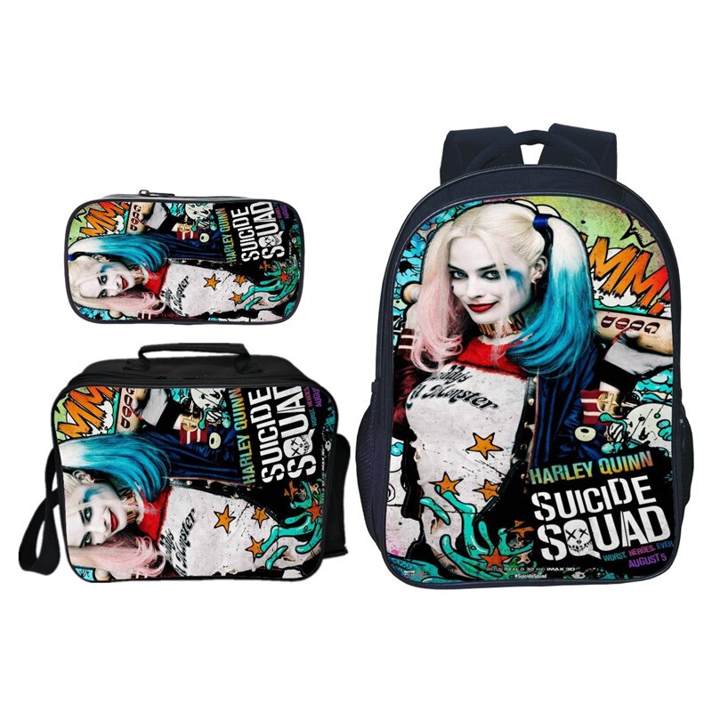 3Pcs/Set 3D Printing Suicide Squad Teenagers Girls School Backpacks Harley Quinn Kids Baby Book Bags Kindergarten: black2 / 13 Inches