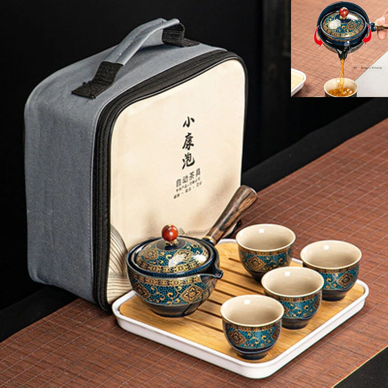 Chinese Porcelain Gongfu Tea Set with 360 Rotation Tea maker and Infuser for Gifting,Travel,Home,Outdoor,Office, Picnic Business