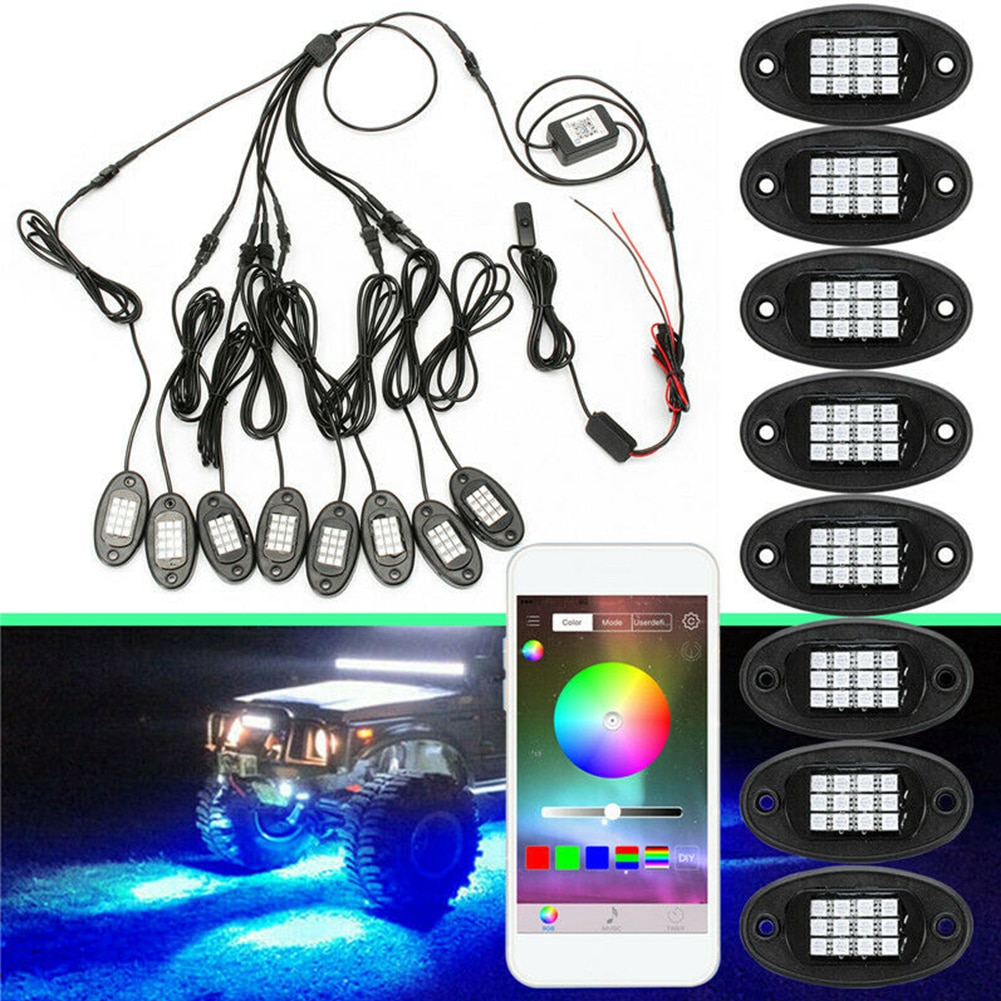 8 st led rgb undervagnsljus bluetooth trådlös stenlampa bil underglödlist dekorativ atmosfärlampa terrängbil lastbåt: Default Title