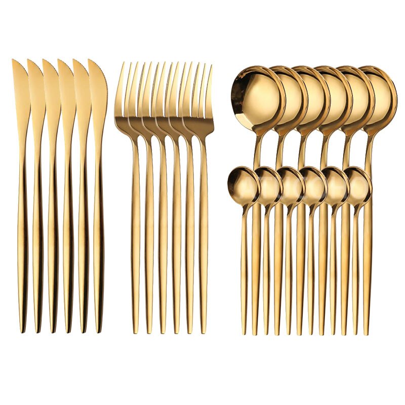Couverts colorés en acier inoxydable, 6-24 pièces, couteau, fourchette, cuillère, service de table, vaisselle en or, service de table, ustensiles de cuisine: Gold-24PCS