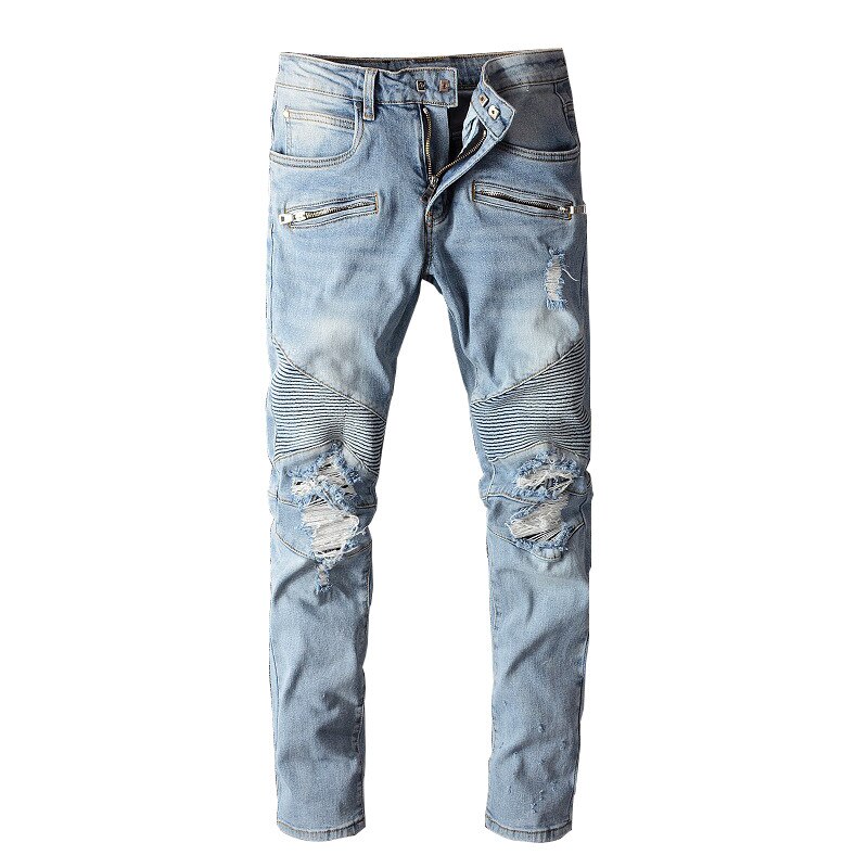 KIMSERE Mens Hi Street Ripped Biker Jeans Pants Pleated Motorcycle Denim Trousers With Holes Moto Jeans Plus Size 28-40