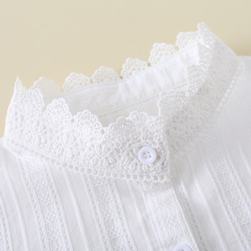 Women Sweet Jacquard Striped Lace Half Shirt Blouse Button Down Detachable Ruffl U4LE