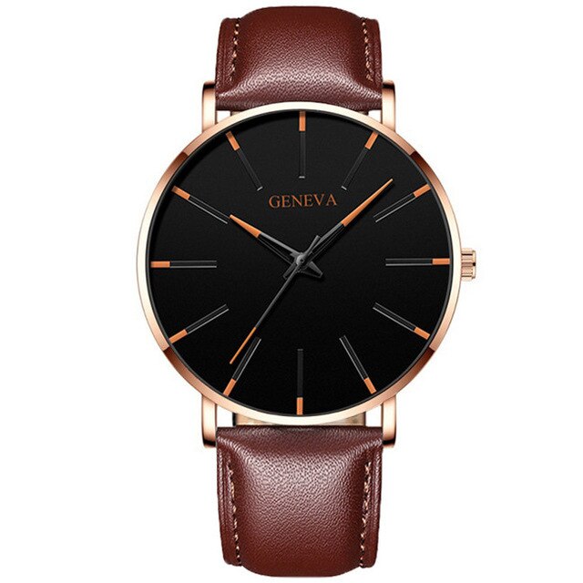 Minimalistiske herre ultra tynde ure simple herre business rustfrit stål mesh bælte kvarts ur relogio masculino: Brunt rosa læder