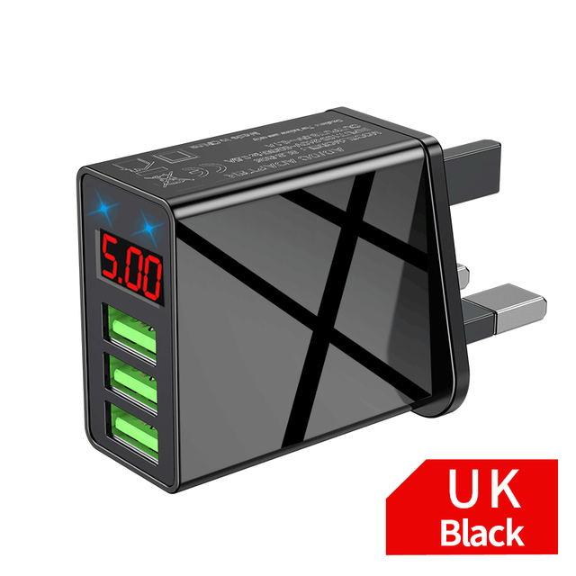 3A Usb Fast Charger 3 Poorten Met Led Display Universele Mobiele Telefoon Opladers Voor Iphone Samsung Huawei Quick Opladen Lader: UK Black