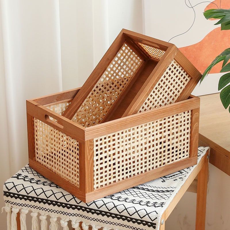Caja de almacenamiento Retro de madera maciza, cesta de mimbre para escritorio, libros, aperitivos, frutas, cosméticos, cajas organizadoras, cesta de cocina para el baño y el hogar