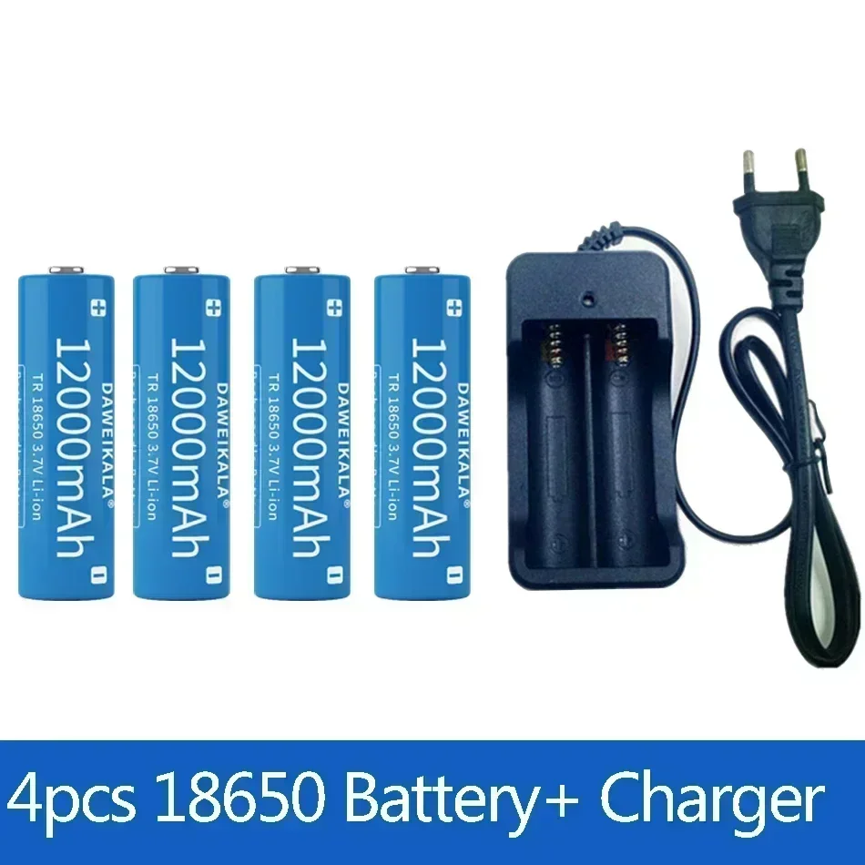 3,7 V, 18650, 12000mAh capacidad, batería recargable iones litio para linterna, batería antorcha + cargador: Blanco