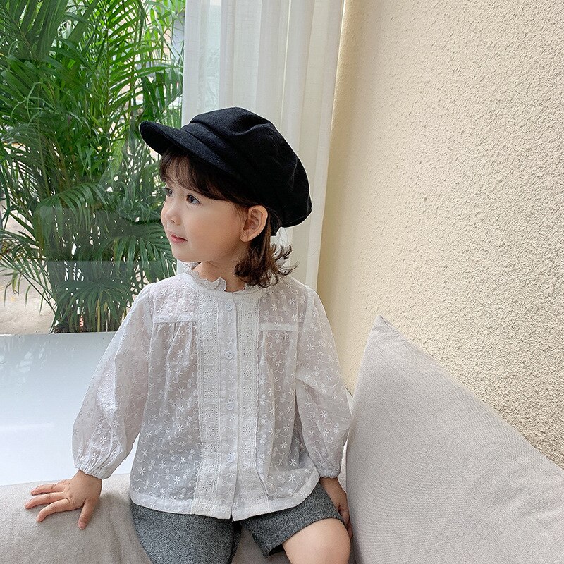 Camisas blancas huecas bordadas con encaje a la para chicas lindas de otoño para niños camisetas informales con base combinables: 3T