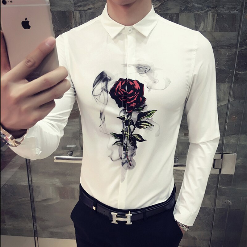 Camisas ajustadas coreanas para hombre , camisetas sociales informales con estampado Digital de manga larga para Club nocturno o , Camisa Masculina