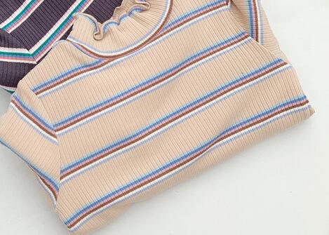 Vinter søde piger tykke foring all-match stribede t-shirts børn varm base høj krave toppe tøj: Beige / 4t