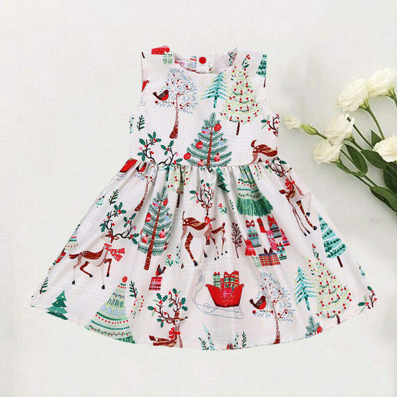 Schattige peuter babymeisje kerst cartoon hert mouwloze feestjurk kleding 2-6t kerstmis babymeisje cartoon jurk
