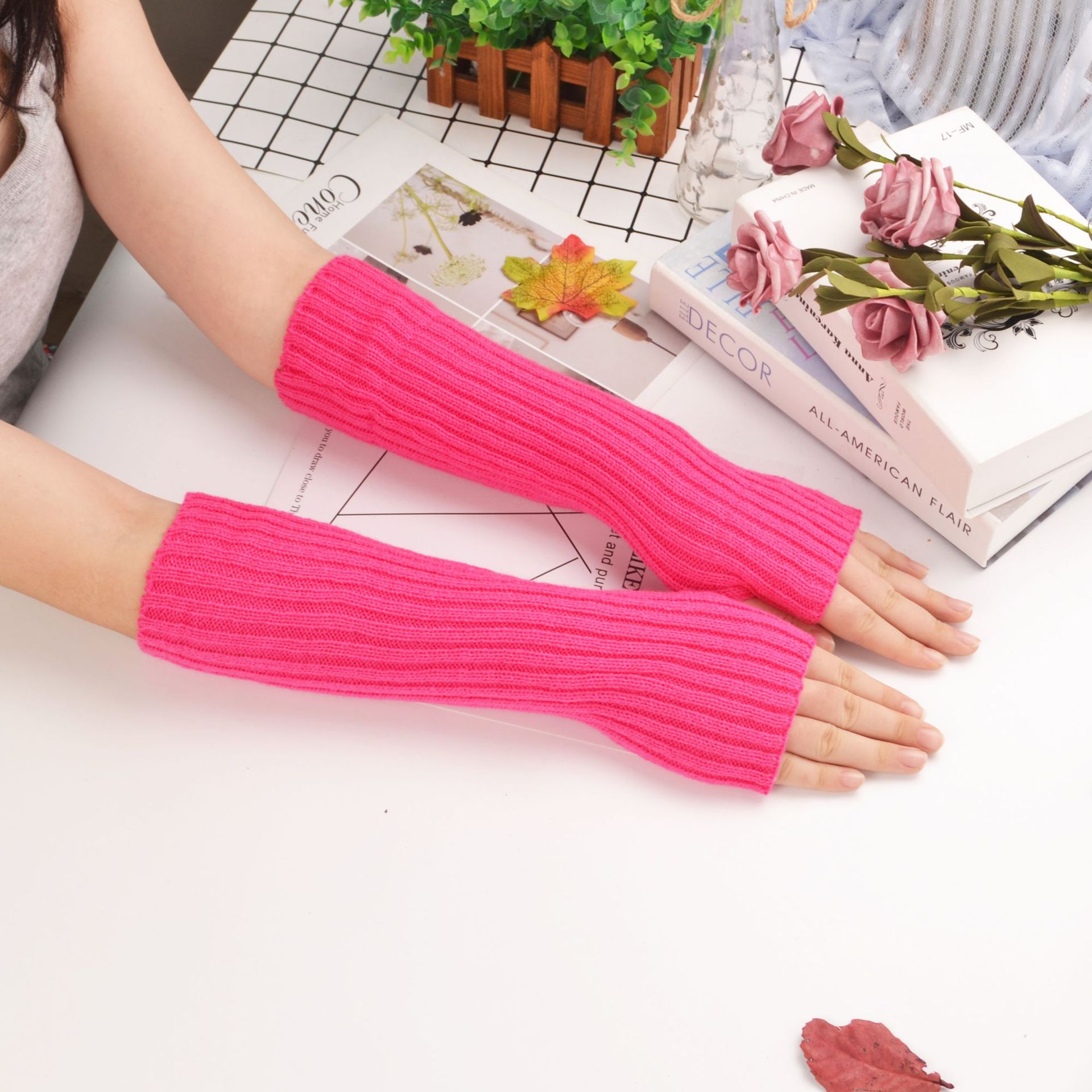 Guantes largos sin dedos para mujer, manopla de invierno, calentador de brazo tejido, manga fina, informal, suave, ropa gótica para niñas, guante gótico Punk: Rojo rosado