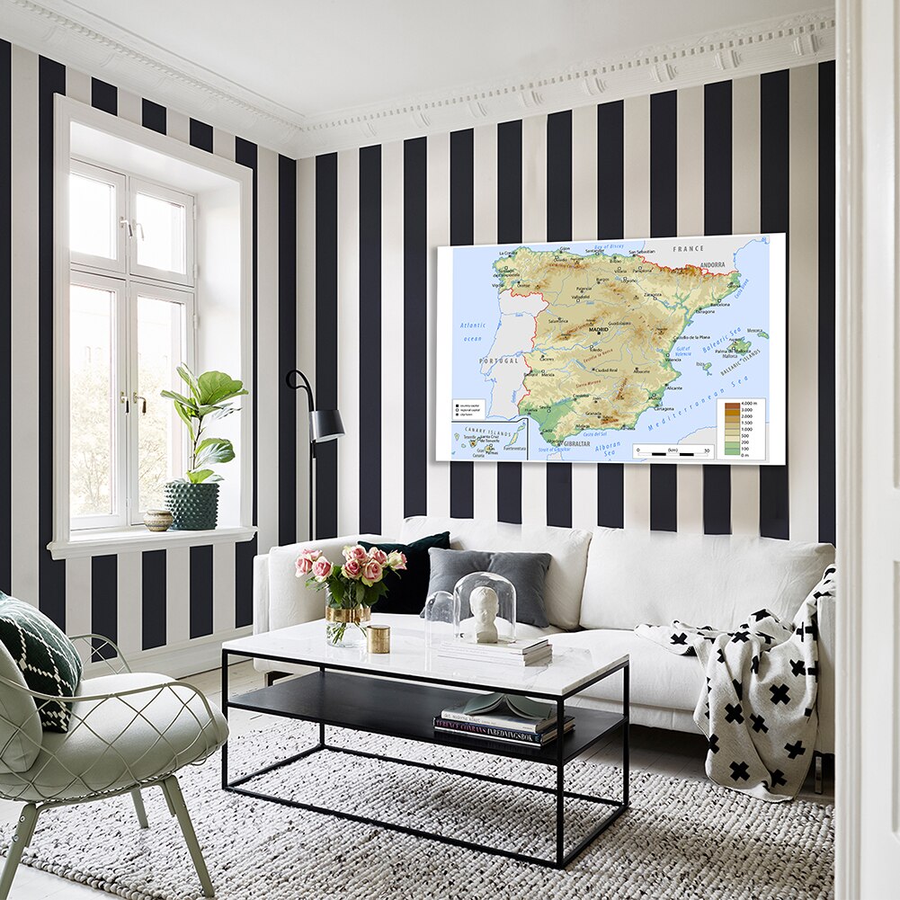 150*100 cm Map of The Spain Topographic Non-woven Canvas Painting Wall Art Poster School Supplies Home Decoration