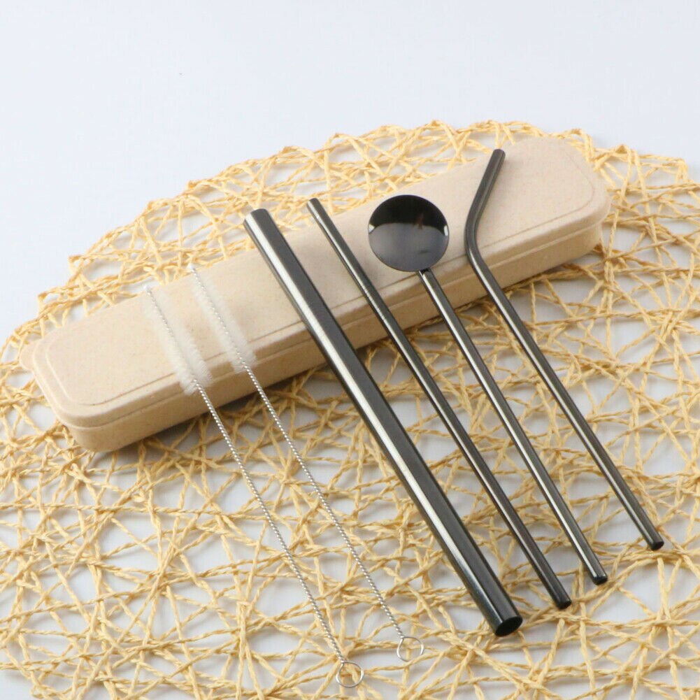 4Pcs Set Reusable Stainless Steel Metal Straw Drinking Straws Washable With 2 Cleaning Brush For Mugs: black
