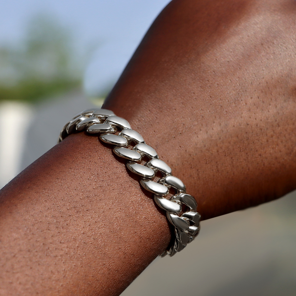 Pulseras de cadena cubana con eslabones helados de 14MM para hombres y mujeres, diamantes de imitación completos, pulsera cubana gruesa de Miami, de joyería Punk Hip Hop: 17 cm / Rodio plateado